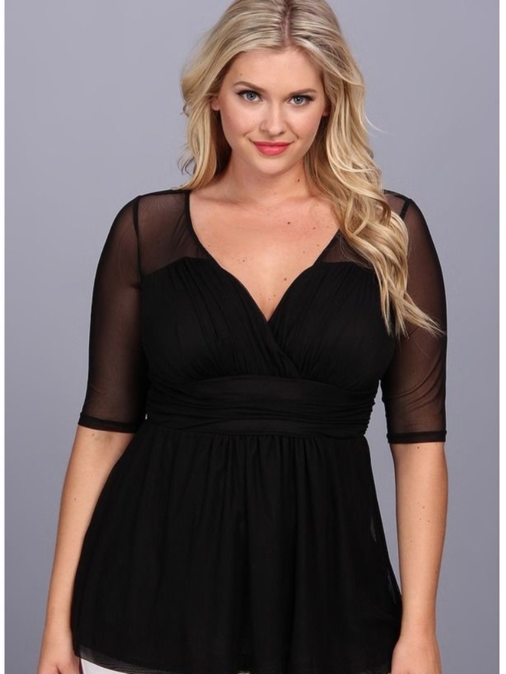 KIYONNA Black Illusion mesh Sweetheart neckline peplum blouse